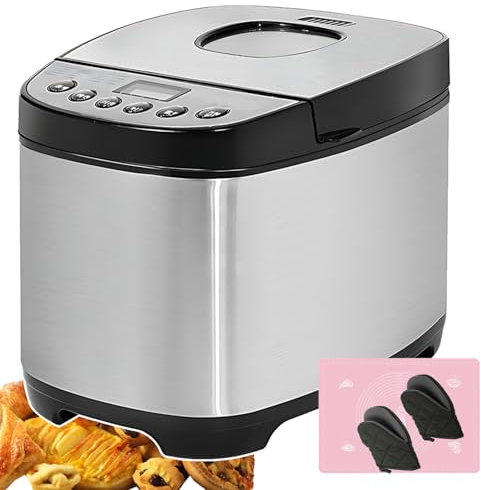 伟 祥 Bread Maker, 12-in-1 2LB Dough Machine, Quiet Bread Machine with 13H Timer & 1H Keep Warm, Small Automatic Breadmaker with Carrying Handle, Stainless Steel, Programmable, 3 Loaf Sizes