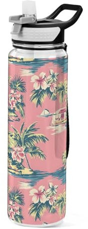 Mnsruu Bouteille d'eau de 1 l avec paille - Anti-fuite - Sans BPA - Pour homme, femme, enfant - Rose palmier