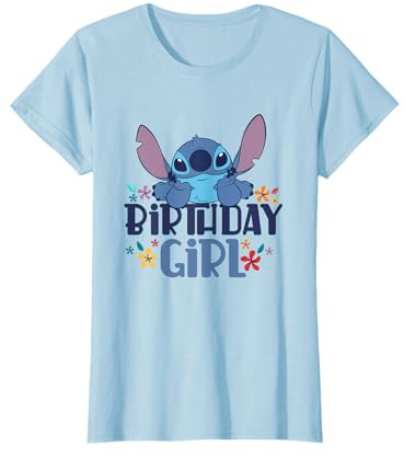 Disney Lilo & Stitch Birthday Girl Happy Stitch Floral Logo Camiseta