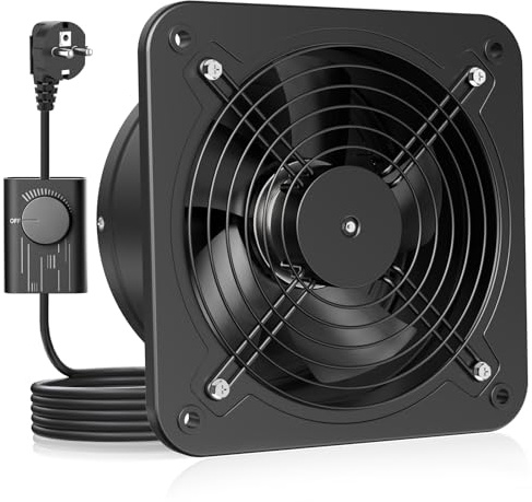 HG Power Extracteur d'air 200mm - Salle de Bain Silencieux avec Clapet antiretour, Régulateur de vitesse, Prise, Ventilation industriel pour Cuisine Garage Sous-sol Bureau, A-Noir