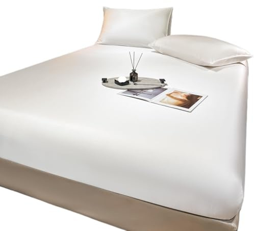 Ayztantine Drap-Housse de lit en Soie Naturelle, Housse de Matelas en Soie Profonde, draps de literie de Luxe Drap Housse Elastique(White,140x200x25cm)