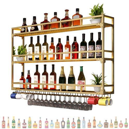JOSIAHCQ Weinregal Metall mit Licht Flaschenregal Schmal Bar Regal Wand Weinschrank Wine Rack mit Weinglashalter Küchenregal für Bartheke Wohnzimmer Küche Esszimmer(Gold,180 * 25 * 90cm)