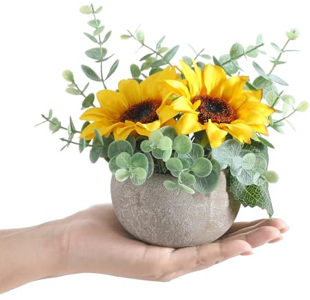 Wenhuidr Artificial Flowers Kit with Pot, Combination of Fake Silk Sunflowers and Greenery, Faux Small Plant Potted with Eucalyptus Leaves for Offices Bookshelf Home Room Party Wedding Decorations