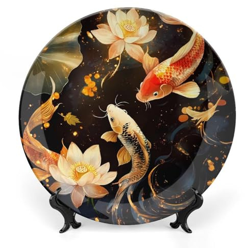 Japanese Fish in Lotues Decorative Plate Ceramic China Plates with Display Stand for Home Wall Decor 8inch