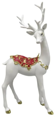 Viron Statuetta Renna 15x7x30h cm Decorazione Natalizia in Resina Dipinta a Mano Bianca con Dettagli Rosso e Oro
