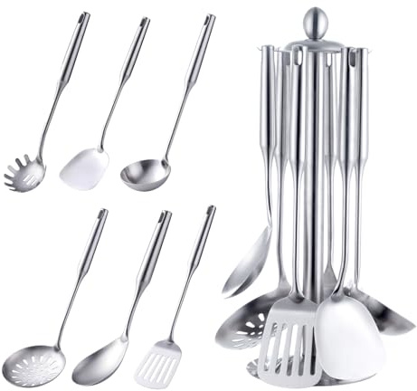 Buyer Star Kitchen Utensil Set-7 Pieces Stainless Steel Cooking Utensils with Utensil Holder, Non-Scratch & Heat Resistant Cookware Tool, Stainless Steel Kitchen Utensils(Silver)