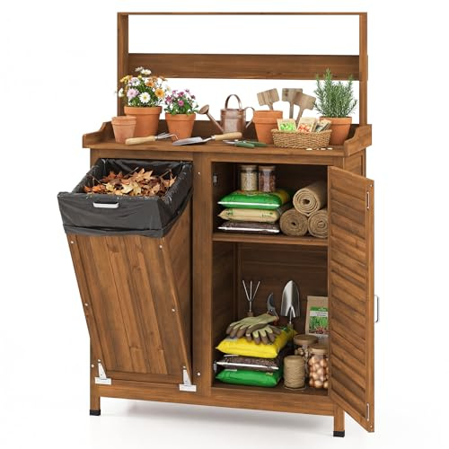 COSTWAY Armoire de Rempotage Extérieur avec Rangement, Table Poste de Travail de Jardinage en Bois Massif avec Étagères Amovibles et 2 Portes, pour Pelouse Arrière-Cour Jardin, Marron