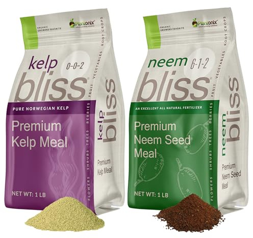 Kelp Bliss (1lb) + Neem Bliss (1lb) - Kelp Meal Organic Fertilizer & Neem Cake for Plants - Kelp Fertilizer for Plants - Neem Seed Meal Fertilizer - Natural Plant Food Rich in Vitamins & Nutrients