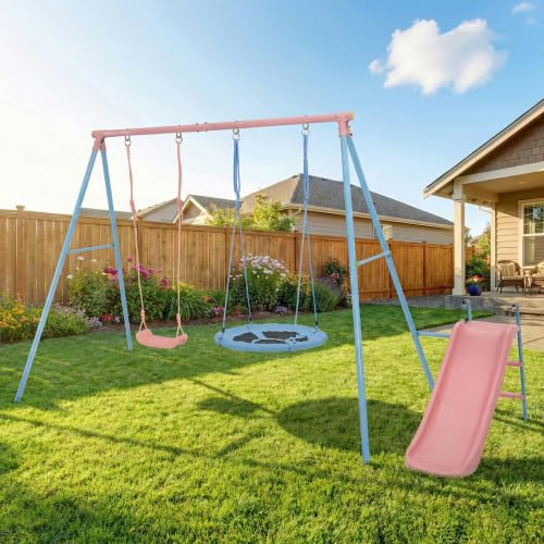 Portique Balancoire Exterieur avec Toboggan, Double Balançoire pour Enfants, Structure en Métal pour Jardin, Jeux d'Extérieur 2 en 1, pour Enfants 3 Ans+