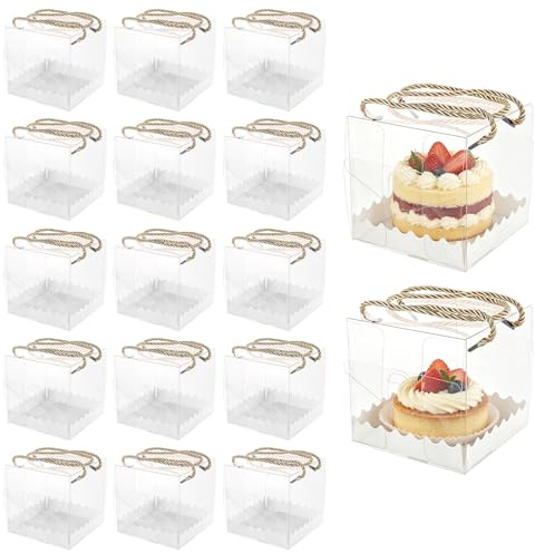 LDXDRU 20PCS Small Clear Cake Box, Plastic Cake Boxes for 4 Inch Cake, 12cm | Square Plastic Gift Cases with Base and Gold handles Cupcake Containers for Candy Chocolate Dessert