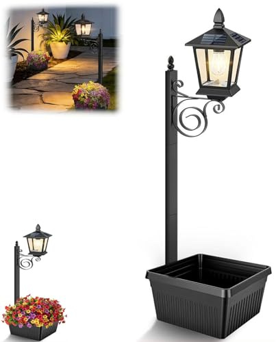 Quesardens 2-in-1 Solar Lamp Post with Planter, Outdoor Solar Garden Lantern with Flower Pot, Auto On/Off, Waterproof LED Solar Pathway Light for Patio, Yard, Porch, Garden Decoration(1PCS,Large)