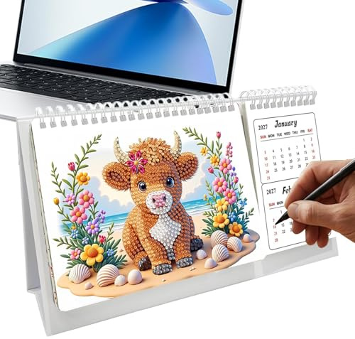 Gem Art Desk Calendar - Handmade Creative Book, Painting Planner Gift, Monthly Diamond Mosaic DIY Crafting Agenda Desktop Time Organizer Schedule | Rhinestone Crystal Sparkly Handcrafted