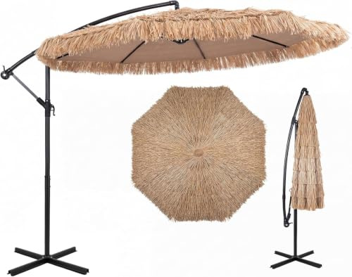 COSTWAY Sombrilla Terraza Exterior con Base Cruzada, 300 cm Parasol Excéntrico Paja con Inclinación Ajustable, Manivela y 8 Varillas, Sombrilla Jardin Grande para Patio Piscina