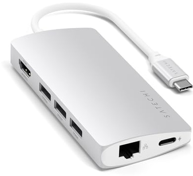 SATECHI 8 en 1 Hub Multiport V2 avec Ethernet, HDMI 4K@60Hz, Charge PD 60W, 3 Ports USB-A 10 Gbps, SD et MicroSD, pour MacBook Air et Pro, PC Portable et Plus – Argent