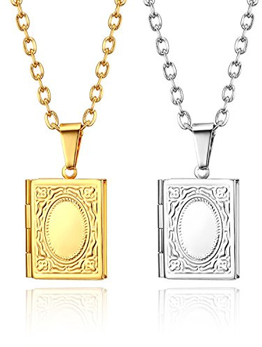 Flongo Herren-Kette Damen-Kette Halskette Fotoanhänger Anhänger, Edelstahl Anhänger Halskette Silber Gold Golden Rechteck Buch Form öffenbares Foto Medaillon Poliert Elegant Damen Frauen Herren