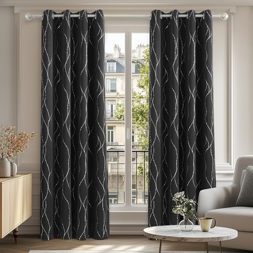 Deconovo Vorhang Blickdicht Gardinen mit Ösen gegen Kälte Schlafzimmer, 175x140cm(HöhexBreite), Schwarz, 2er Set