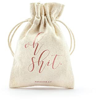 PartyDeco Stoffbeutel Hangover Kit mit Kordelzug Baumwolle und Schriftzug Oh Shit 10x15cm Natur roségold - Geschenkbeutel Stoffsäckchen Anti Kater