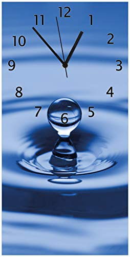Wallario Design-Wanduhr Wassertropfen im blauen Wasser aus Glas, Motiv-Uhr Größe 30 x 60 cm, Schwarze Zeiger