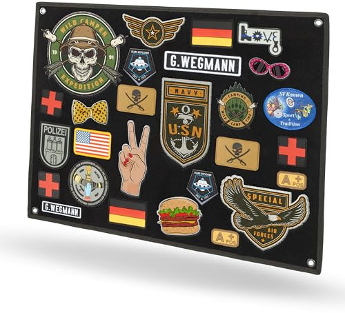 Patch Wand in Schwarz mit Metallösen, Kletttafel Patches Klett - Patchdisplay Tafel faltbar für Airsoft Patchwand, Klett Patch Militär