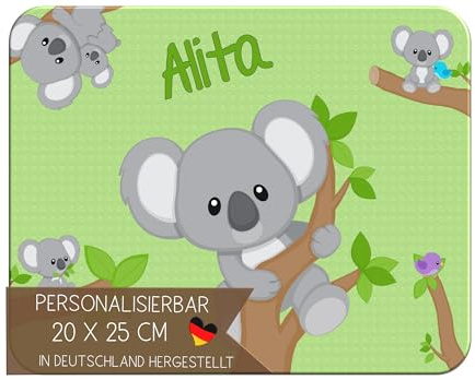 CreaDesign Personalisiertes Kinder Frühstücksbrett mit Namen, 20x25cm, rutschfestes Schneidebrett aus Kunststoff, Koala Junge Design, spülmaschinen & mikrowellengeeignet, Schneidbrett für Kinder