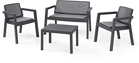 Keter Emily Lounge Set, Mobili da Giardino Superficie Liscia con Divano 2 Posti 2 Sedie E Tavolino, Grafite