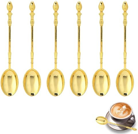 6 Stück Edelstahl Kaffeelöffel, 13 cm gemischter Löffel Zuckerlöffel Eislöffel Gold Latte Macchiato Löffel Dessertlöffel Set mit Dekorativem Schwanenbodenhalter für Kaffee, Dessert, Rühren