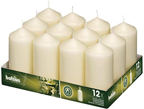 Bolsius Tall Pillar Candles 120 mm (Pack of 12), Ivory, Size: 58(Dia) x 120(H)mm, Up to 39 Hours Burn Time per Candle, Low Smoke Wax, DB087