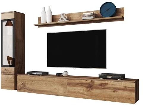 Mirjan24 Wohnwand Doppo I, Schrankwand, griffloses Öffnen, Fernsehschrank, Anbauwand, Mediawand, Wandregal, TV-Lowboard, Hängevitrine (Wotan/Wotan, ohne LED Beleuchtung)