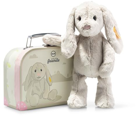 Steiff Kuscheltier Hoppie Hase im Koffer, Süßes Stofftier mit Kunststoffaugen, Kinder, Jungen & Mädchen, Friends, Plüschtier 26 cm, Hellgrau, 080968