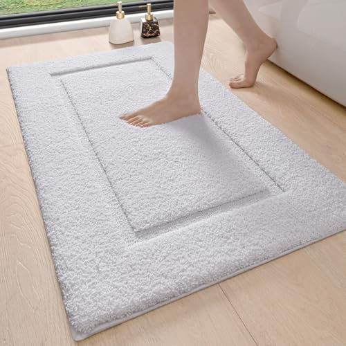 DEXI Badezimmerteppich 60 x 90 cm, Badteppich rutschfest Waschbar, weicher Badematte, Mikrofaser Absorbent Badvorleger, Badematten für Badewanne, Duschraum und Badezimmer, Weiß