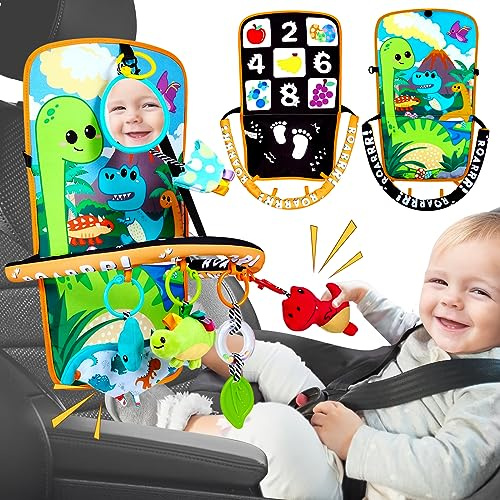 Innofans Baby Car Seat Dinosaurs Toys - Kick and Play Double Sided Infant Car Seat Toys with Plush Toys, Mirror, Teether for Baby, Babys Travel Activities, Christmas Birthday Gifts Newborn Infant Toys