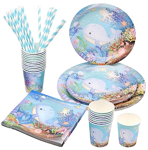 Partygeschirr-Set,80-Teiliges Geschirrset Aus Blauwal Designpapier,10 Speiseteller,10 Dessertteller,20 Tassen,20 Strohhalme Und 20 Servietten FüR Partys,Geburtstage,Hochzeiten,JubiläEn