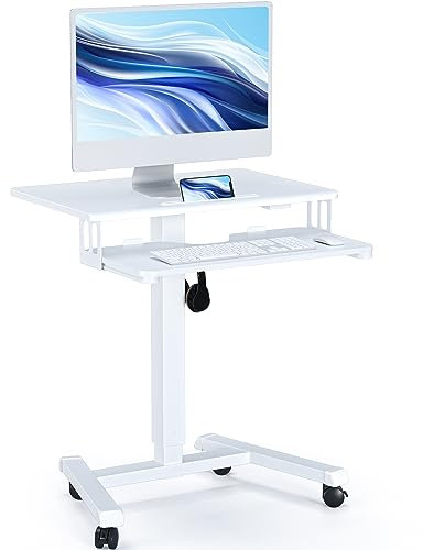 BONTEC 65 × 45cm Estación de Trabajo para Computadora Móvil de Dos Niveles con 4 Ruedas Giratorias, Soporte para Computadora Portátil con Ruedas, Escritorio de Pie Ajustable en Altura (Blanco)
