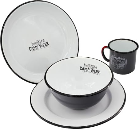 CAMPWERK Emaille Geschirr Set aus Becher, Schüssel, Teller tief, Teller flach, Geschirr Outdoor, Kochgeschirr, Camping & Reisen, feuerfestes & bruchfestes Essgeschirr