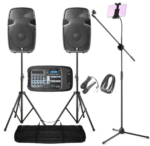 VONYX Professional Karaoke Setup - PSS302 Complete PA System with Bluetooth Mixer, 10 Speakers, Wired Microphone & Adjustable Tablet Mount Mic Stand Ideal Home Karaoke System & Bar Use
