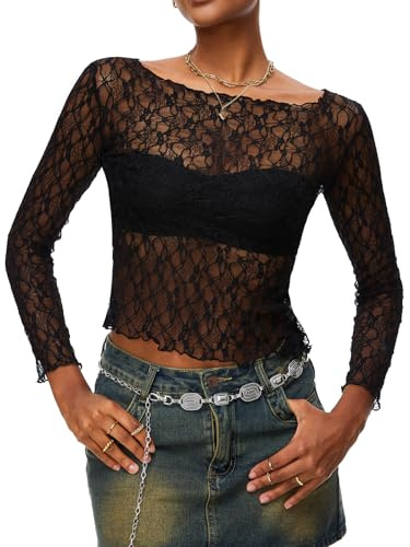 HAWILAND Haut en maille transparente pour femme - Top en maille transparente à une épaule - Tenue rave pour fête en club, #2 Noir, L