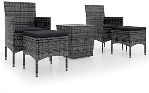 Makastle Bistroset 5-teilig, Bistrotisch Gartenstühle, Kleiner Gartenlounge Balkonset Gartengarnitur mit Kissen, Sitzgruppe im Garten und Balkon, Gartenmöbel Set, Poly Rattan und Hartglas Grau