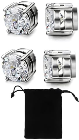 LICHUANUK 2 Pares de Aretes Magnéticos de Acero Inoxidable para Hombres y Mujeres Redondos con Incrustaciones de Circonita Cubica Aretes Magnéticos Sin Perforación con Clip