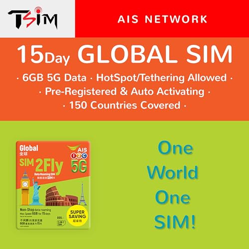 TSIM Globale SIM-Karte | 15 Tage 6GB | Jetzt mit 5G-Netzwerk | Automatische Aktivierung | 150 Länder abgedeckt: Asien, Europa, Amerika, Australien & Afrika