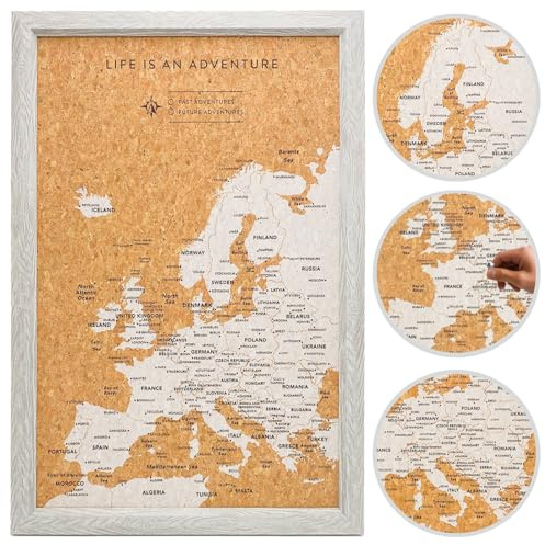 Splosh Reisekarte - kleine graue Europakarte Pinnwand mit 100 Pins Pinnwand Holzkarte Reisekarte Korktafel Europakarte Pinnwand Holztafel Weltkarte Korktafel Reisegeschenk Karte Pinnwand