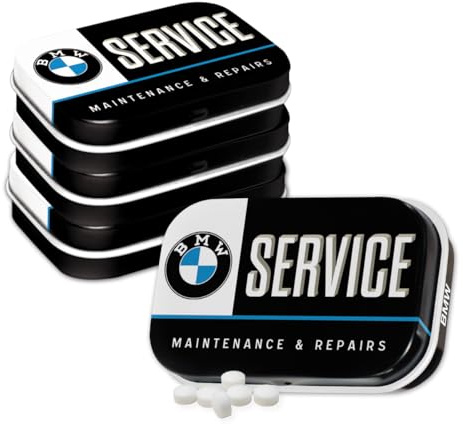 Nostalgic-Art Boîte à pilules rétro 4 x 6 x 1,6 cm, produit original sous licence (OLP), BMW - Service (lot de 4), avec dragées à la menthe poivrée, design vintage