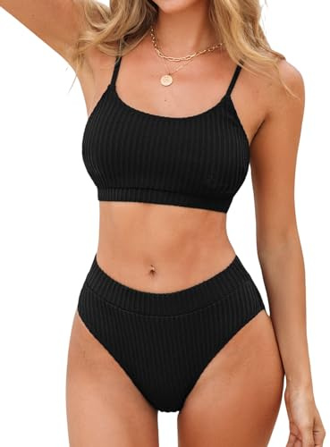 CUPSHE Ensemble bikini deux pièces en tissu texturé pour femme, avec taille haute, col rond et bretelles spaghetti réglables