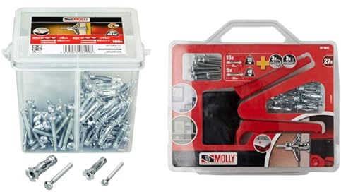 Molly M71020X-XJ Seau de 100 Chevilles, Gris & Kit de 20 Chevilles de Fixation - 10 Chevilles 4 x 33mm et 10 Chevilles 5 x 36mm + Pince de Pose, Gris, Set de 27 pièces M71925-XJ