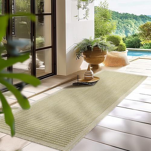 HomebyHome In- & Outdoor Teppich Wetterfest 80 x 250 cm Läufer Grün - Flur Waschbar, Wasserfest, Pflegeleicht und Flachgewebe - Ideal für Balkon, Garten, Terrasse und als Küchenläufer