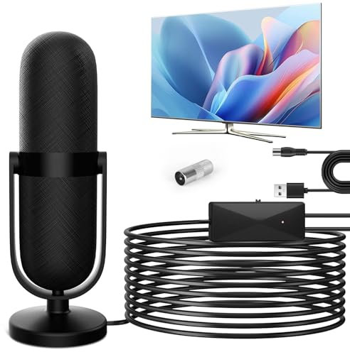 TV Aerial - Indoor TV Aerial for Smart TV Digital TV Antenna 250+ Miles Long Range Support 4k/HDTV/1080P for Freeview TV local channels with Booster Signal amplifier & 16.4 FT Cable Magnetic Base