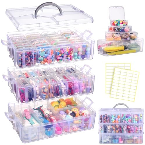 Funtopia 3 Etagen Sortierbox mit Griff, 56 Stück Aufbewahrungsbox Klein Sortierboxen mit Deckel, Plastik Transparent Organizer Box für Perlen Kleinteile Schmuck Bastel (4 Größen)