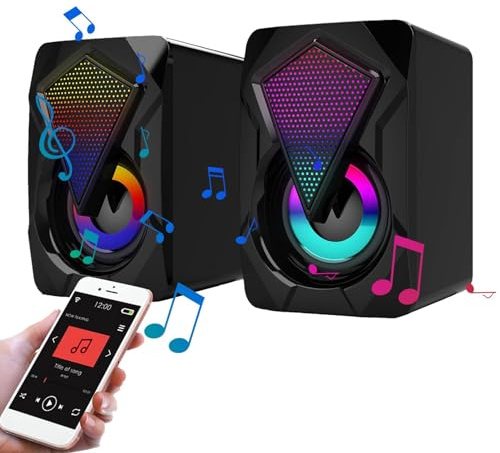 Altavoces PC RGB para ordenador de sobremesa - Altavoces PC con luces RGB coloridas - 2 piezas, sonido claro, alimentado por USB, Plug & Play para monitor de ordenador portátil, ordenadores