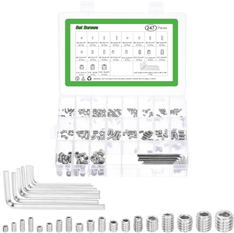 sourcing map Socket Set Grub Screws,240PCS #4x1/8 to 3/8x3/8- 304 Stainless Steel Hex Socket Cup Point Allen Screws with Hex Wrenches for Repairing Door Handles, Faucet (Silver)
