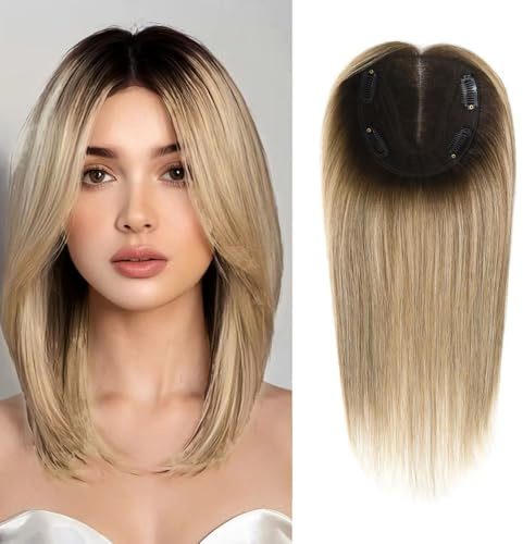 Peluca de cabello humano para mujer con cabello fino degradado de raíz oscura, reflejos de color de 12 pulgadas, pelucas lacias con clip en la parte media (10/6#)