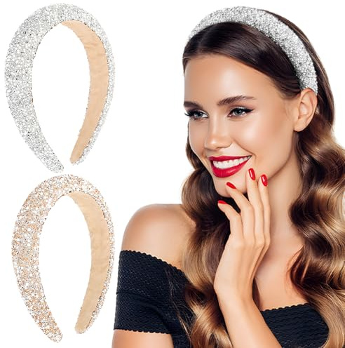 BOOMTOP 2pcs Glitzer Haarreifen Damen Gepolstert Strass Perlen Haarreif Silvester Weihnachten Haarschmuck Breit Haarbänder Glänzend Silvester Stirnband Mädchen Braut Haarschmuck Neujahr Geschenk